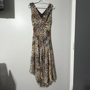 Chris McLaughlin Dress Size 8 Brown Abstract Print Chiffon Handkerchief Hem